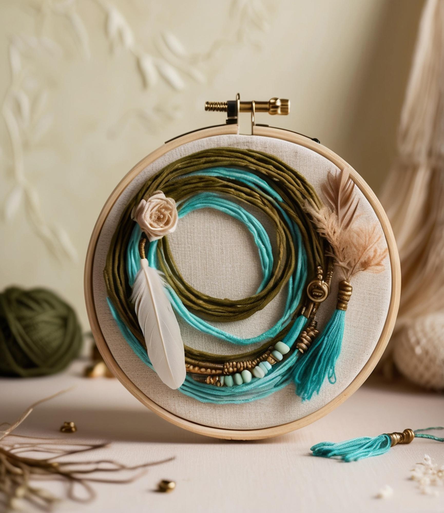Close-up of hand-guided embroidery hoop with silk thread